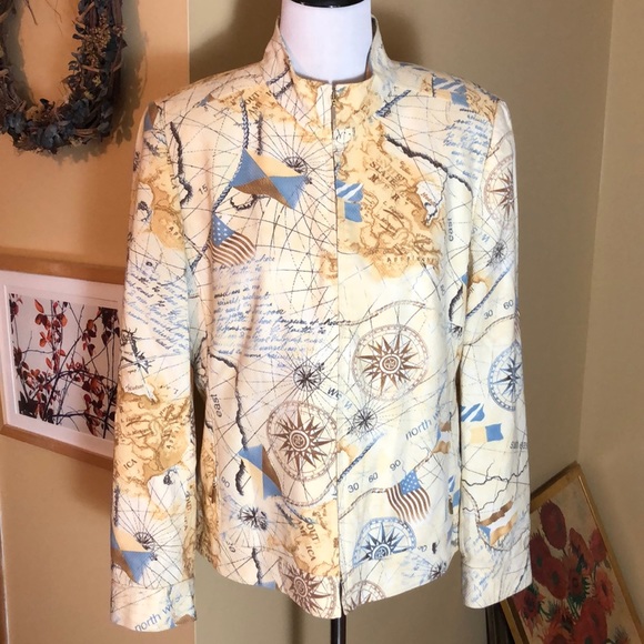 Basler Jackets & Blazers - BASLER Size 34 EU Graphic Print Blazer Map COMPASS Ship Flag Print Lightweight